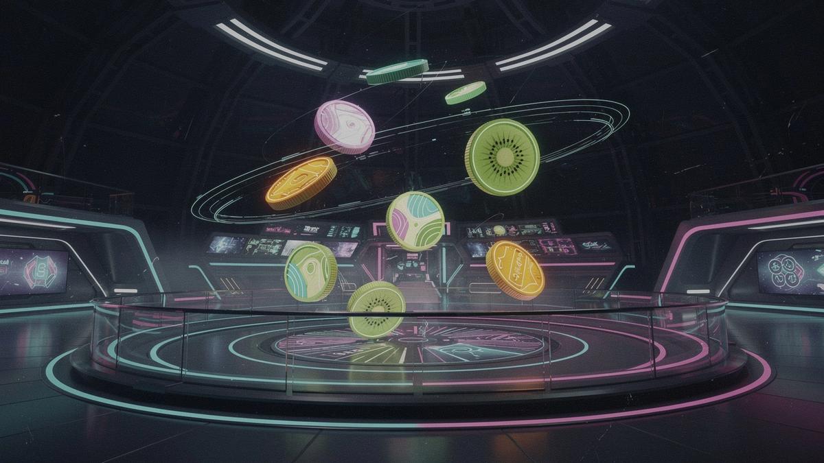 Neon coin boost illustration with a kiwi-inspired arena theme